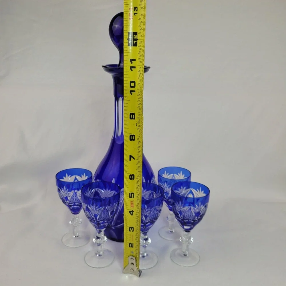 Vintage Bohemian Cobalt Blue Cut to Clear Crystal Decanter 5 Cordial Glasses Set